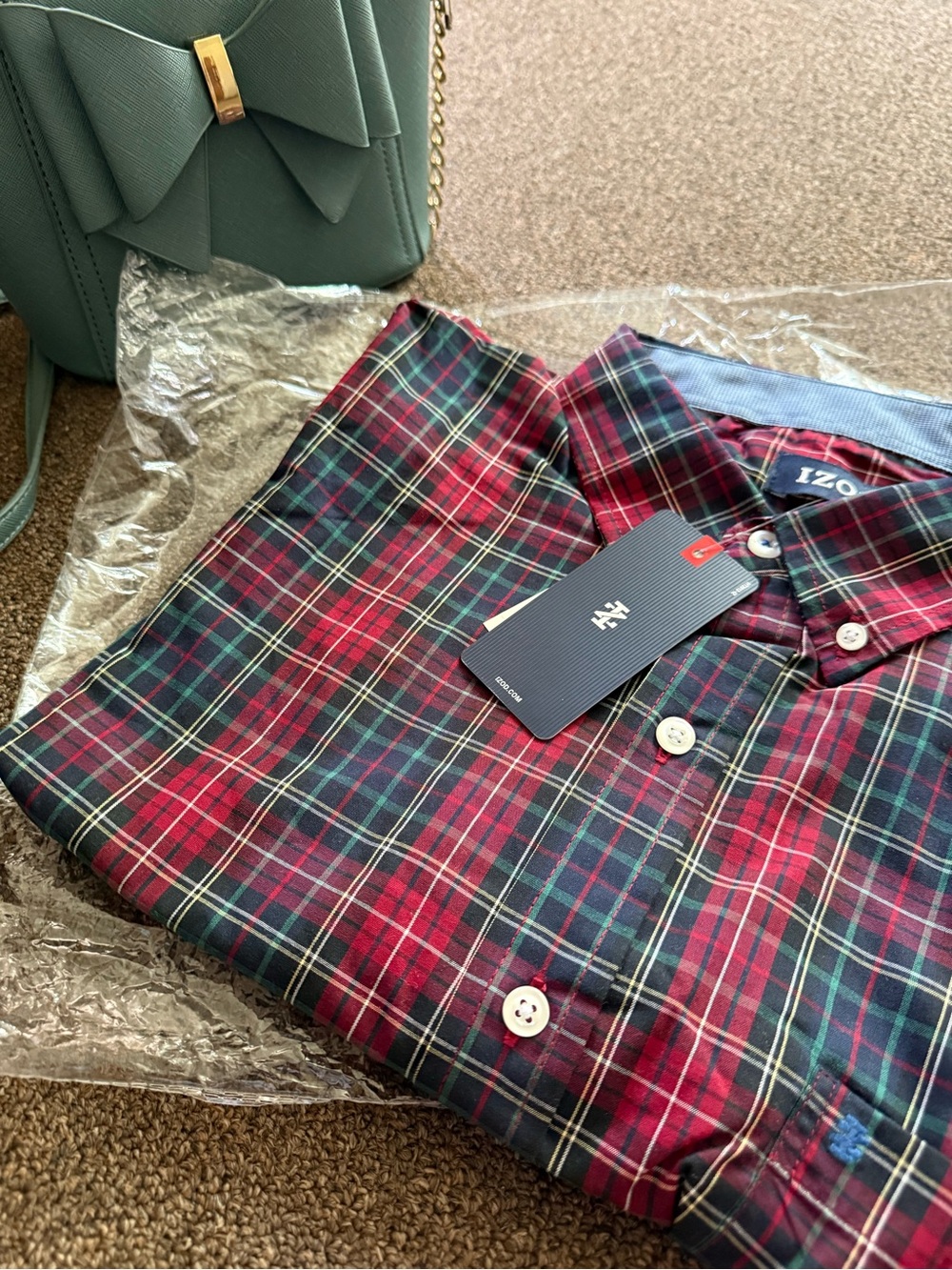 Izod Red & Green Plaid Cotton Button-Down Shirt